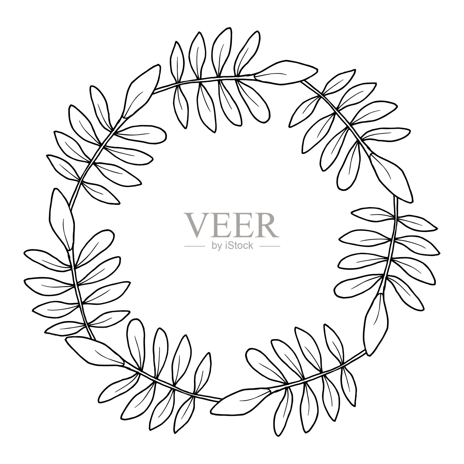 一圈树枝和叶子。矢量植物插画。秋季圆形植物边框，可供文字使用。黑色手绘。适用于感恩节、包装和标志的自然设计。插画图片素材