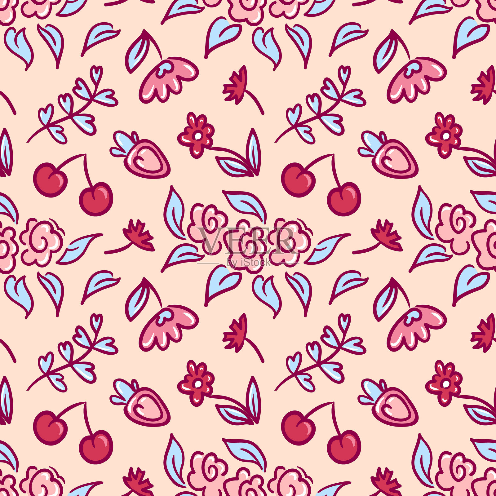 鲜红草莓和樱桃搭配绿叶和茎的无缝矢量图案。非常适合用作背景、纺织品和印刷品。甜美多汁的夏日设计。插画图片素材