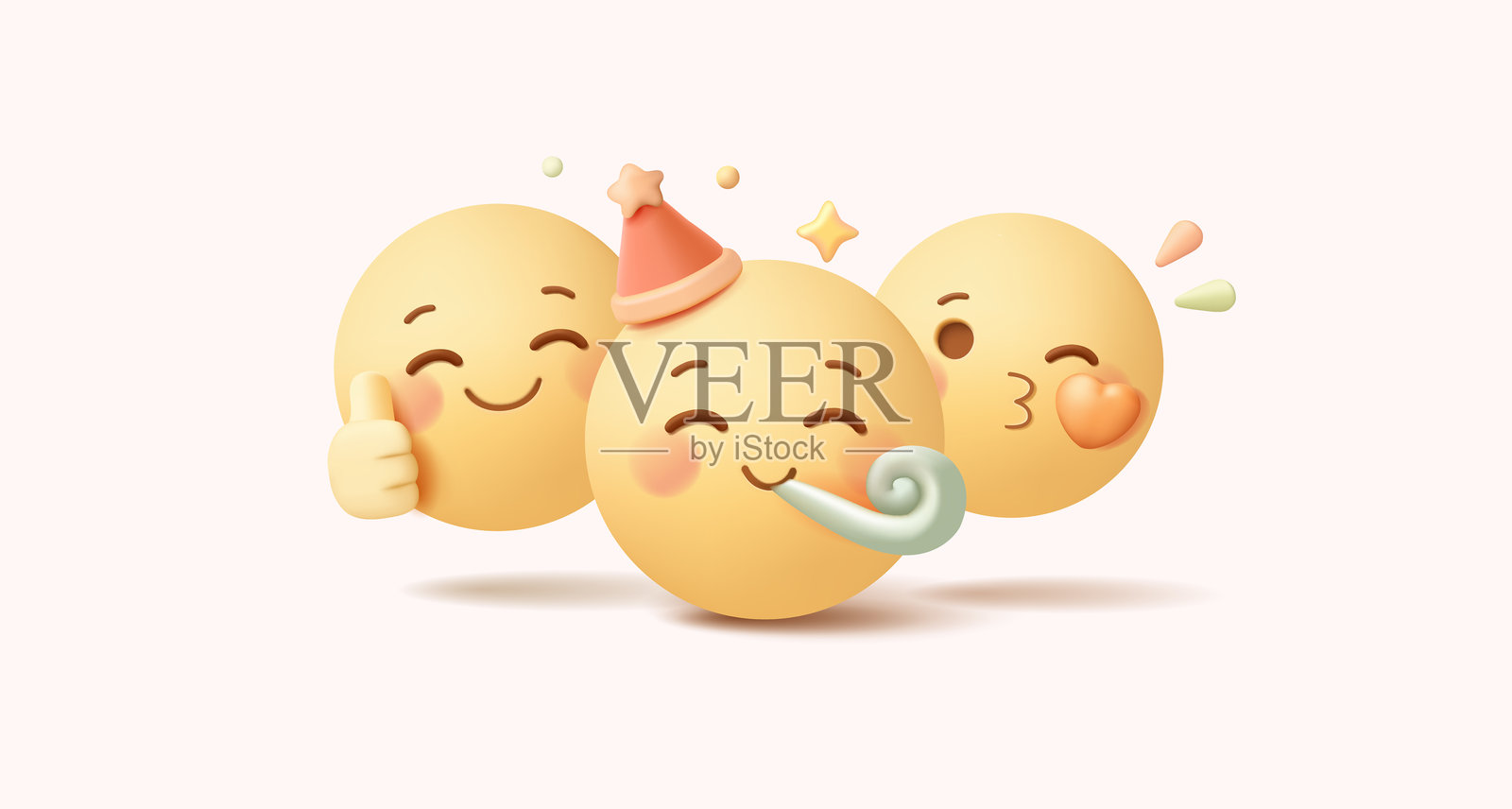 一套3D生日派对表情符号，正面的黄色表情。派对、庆祝、问候。矢量图。插画图片素材