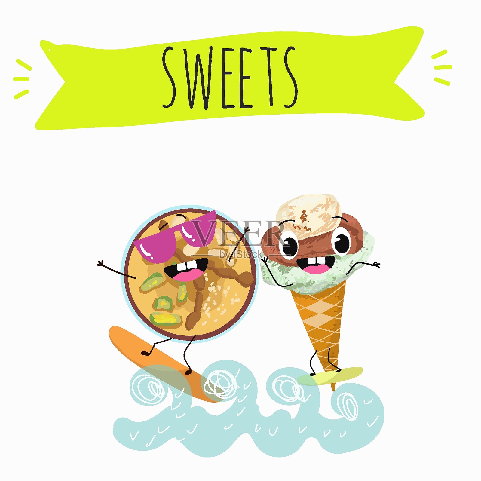 有趣的阿修罗角色，甜点，土耳其冰淇淋，穆斯林，土耳其甜点。手绘矢量插画。插画图片素材