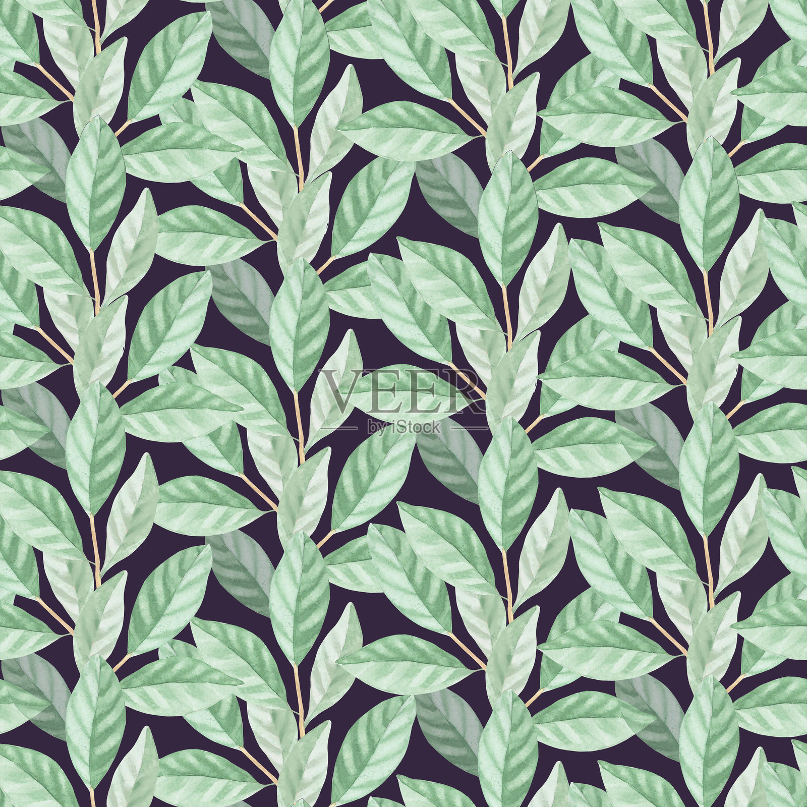 垂直树枝叶子在紫色背景上的无缝图案。手绘水彩插画。用于包装设计、卡片、封面、壁纸、印刷品、产品标签和织物。插画图片素材