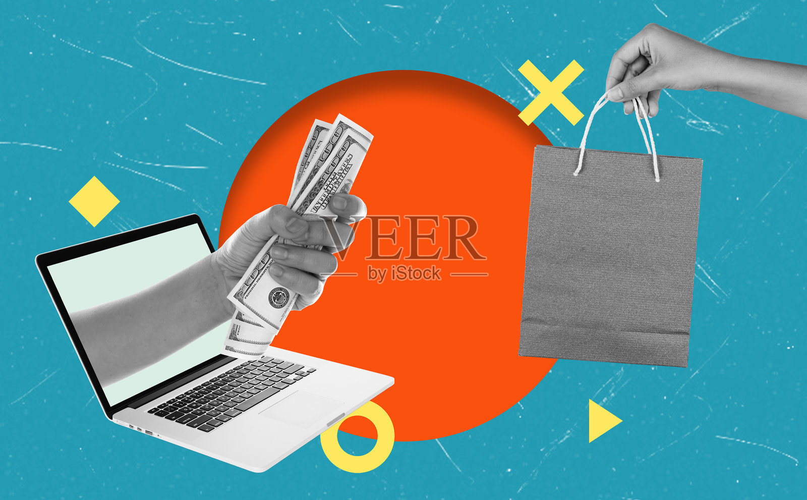 明亮背景上的艺术拼贴画，展示了网上购物，一只手拿着钱，另一只手拿着购物袋。照片摄影图片