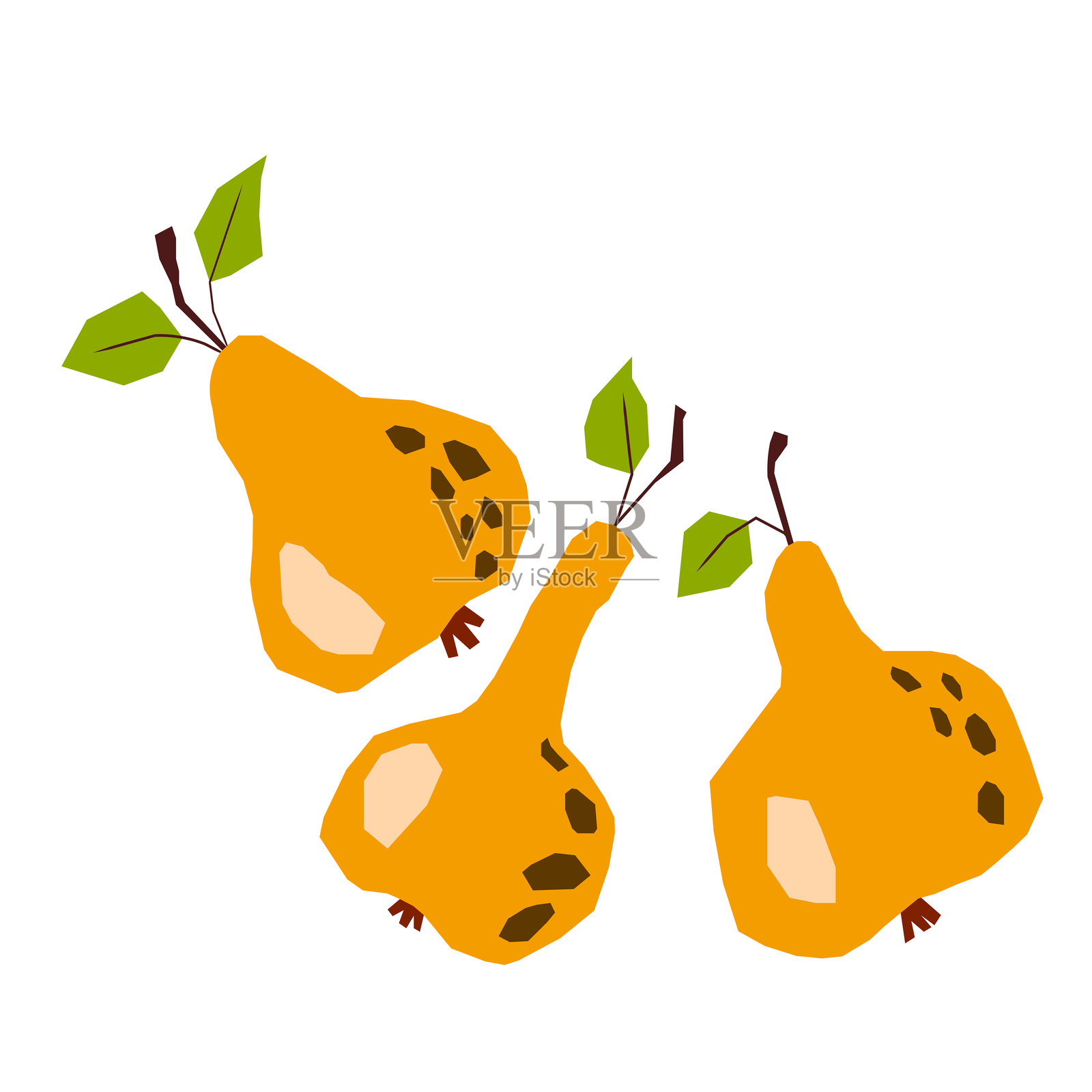 白色背景上的梨。天然美味新鲜成熟可口的水果。带叶子的甜梨。食品概念。用于设计的矢量图。插画图片素材