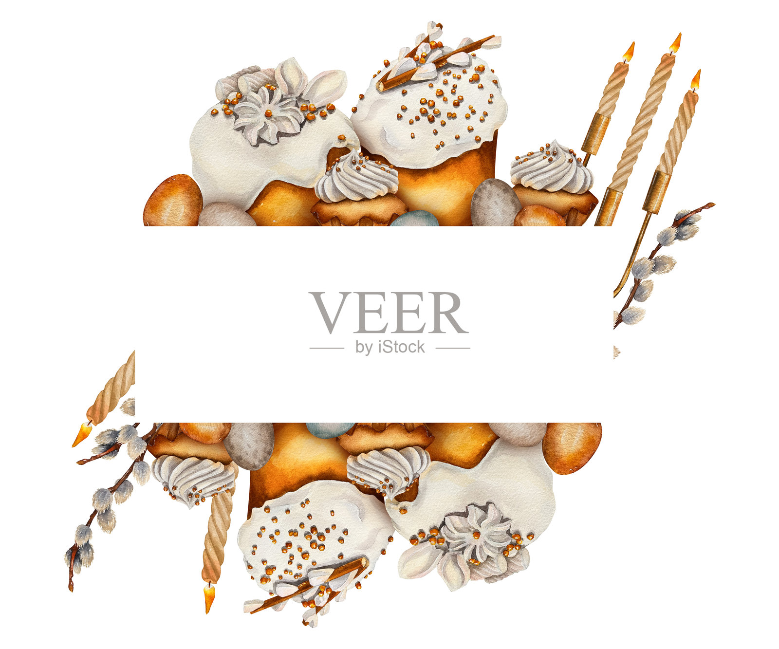 水彩复活节边框，带有传统元素插画图片素材