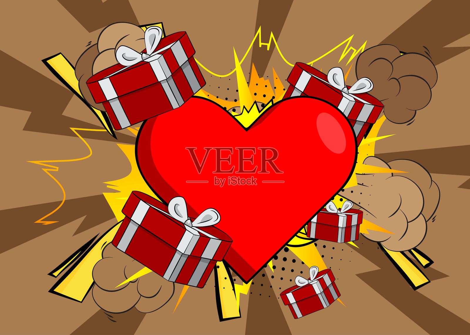 卡通爱心与礼物盒，漫画书节日。复古矢量漫画波普艺术设计。插画图片素材