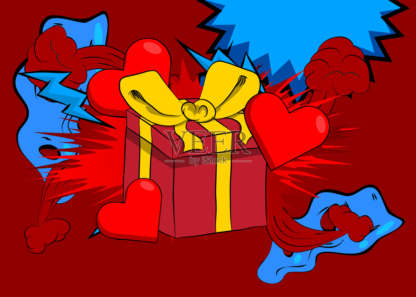 卡通爱心和礼品盒，漫画书节日。复古矢量漫画波普艺术设计。插画图片素材