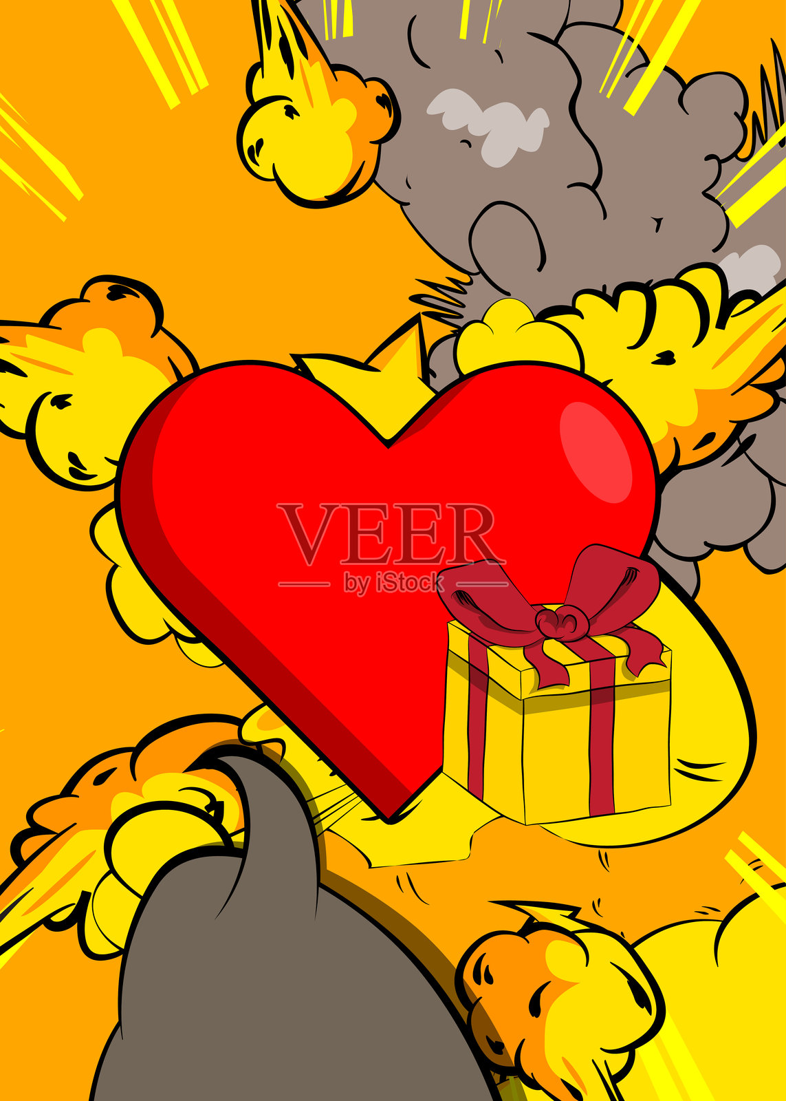 卡通爱心和礼品盒，漫画书节日。复古矢量漫画波普艺术设计。插画图片素材