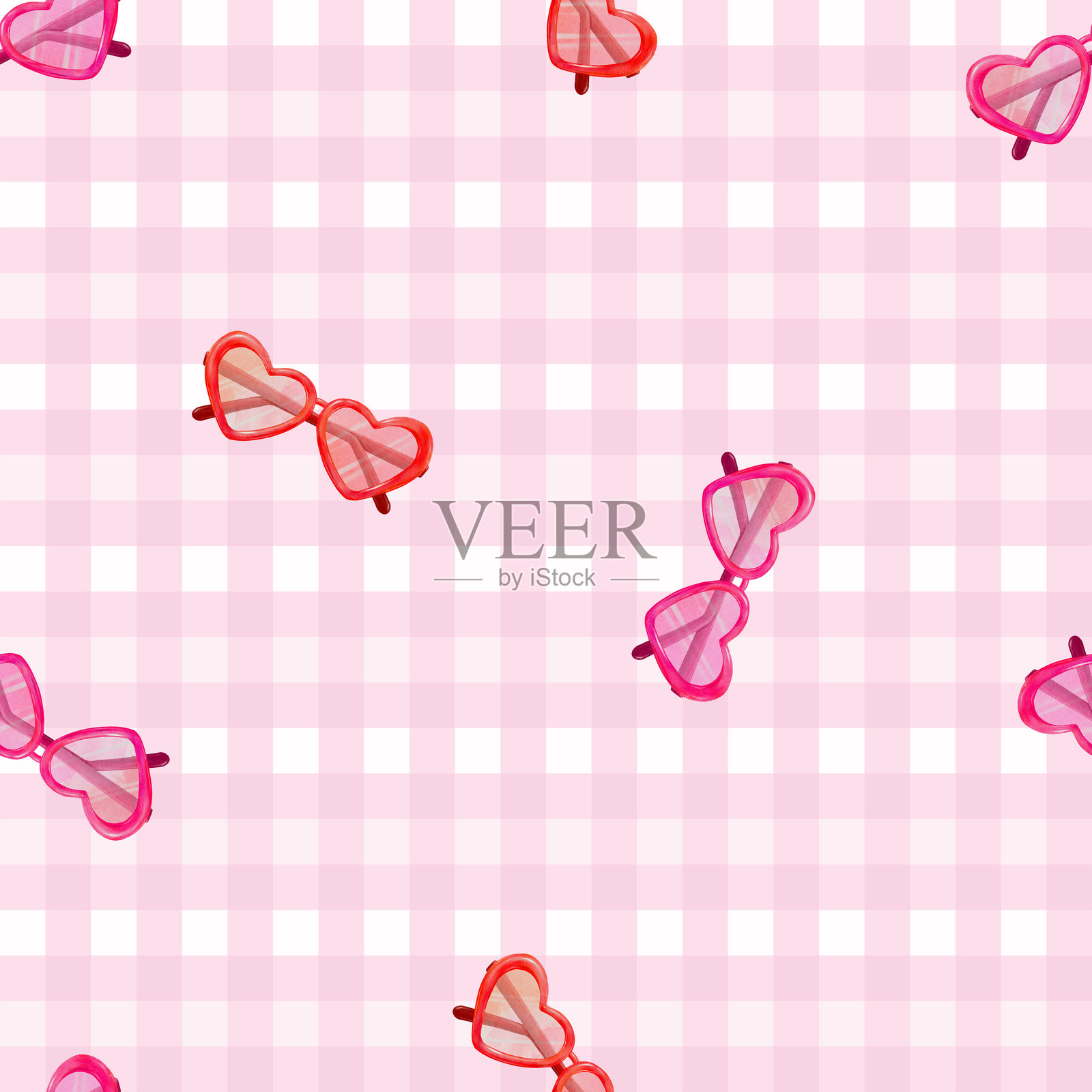 无缝情人节图案，手绘红粉色心形眼镜，可爱手绘水彩风格的爱心眼镜，背景为粉色格纹纹理。插画图片素材
