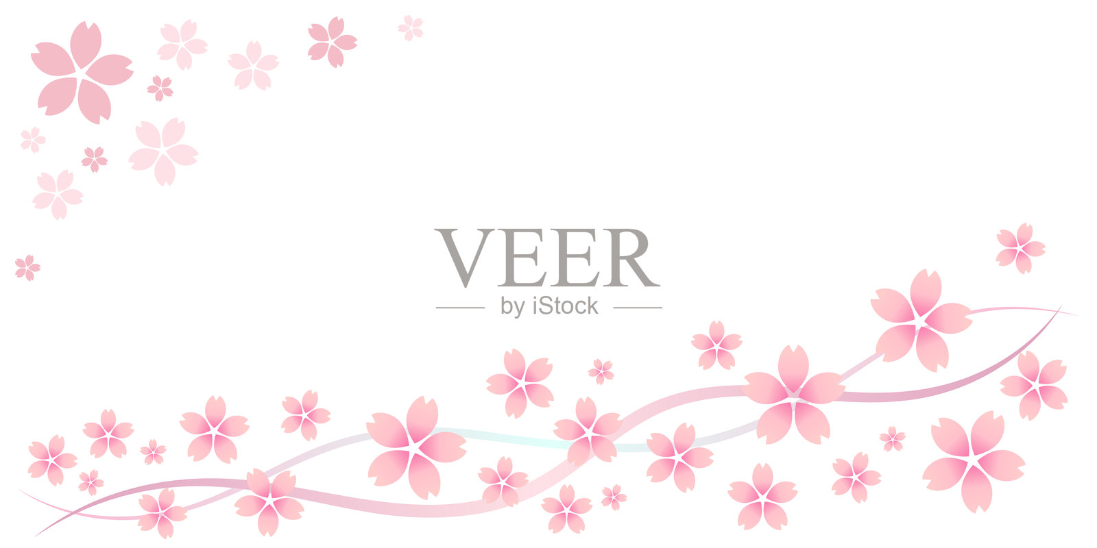 柔粉色春季背景插画，带有樱花和波浪线插画图片素材