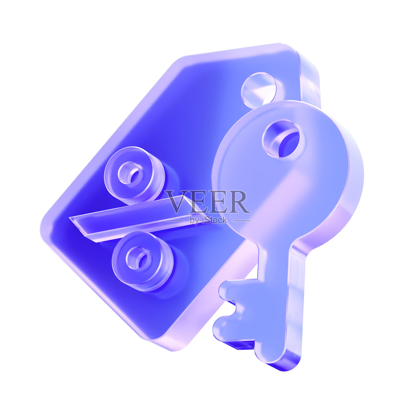 3D玻璃钥匙和百分比标签图标，解锁折扣和独家销售概念。透明液体玻璃图标，玻璃拟态图标，水晶般清晰。3D插画。照片摄影图片