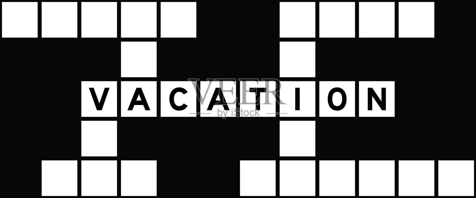 字母V在单词vacation的填字游戏中，背景为填字格插画图片素材