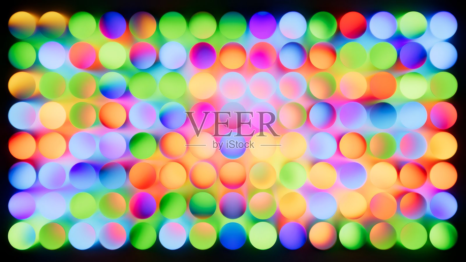 抽象渐变圆点几何背景。黑色背景上的彩虹色发光霓虹圆圈网格闪耀。俏皮的散景风格图案。3D插画照片摄影图片