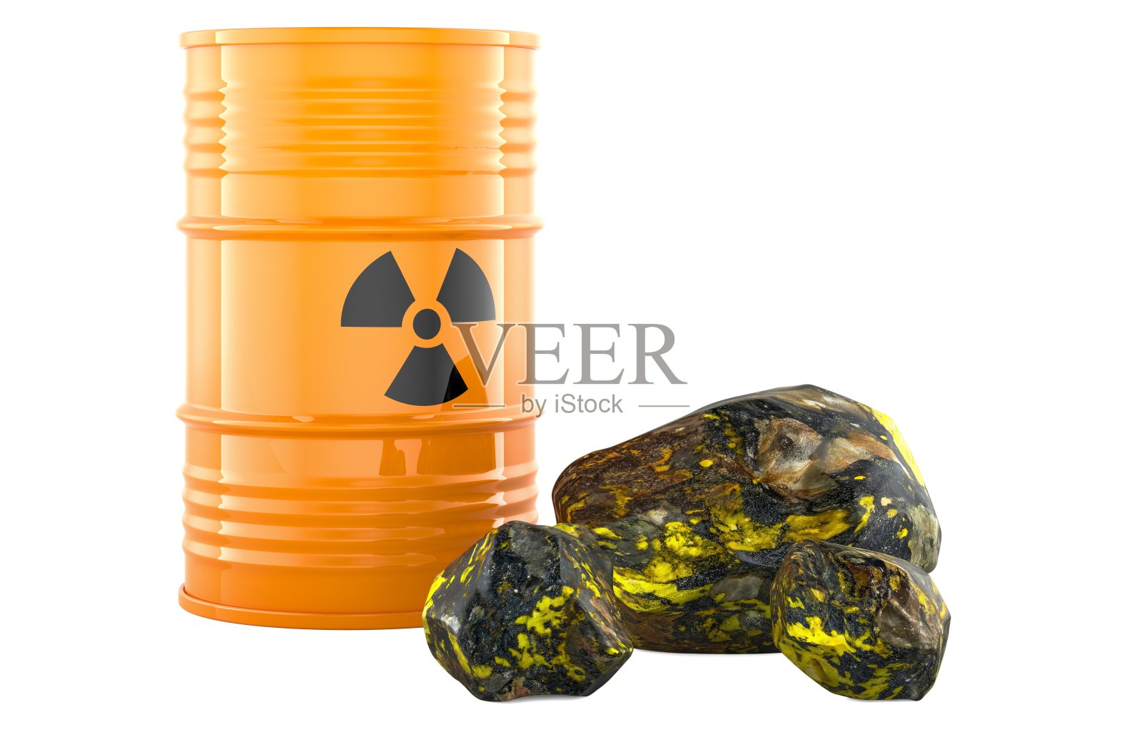 带有辐射标志的铀桶和铀矿石。三维渲染照片摄影图片