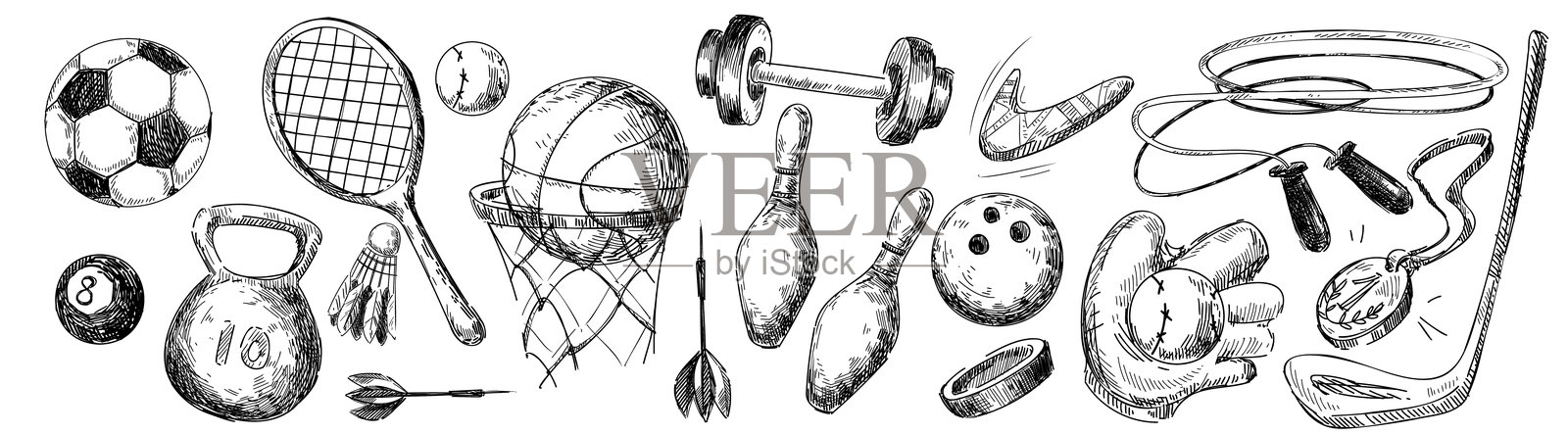 运动器材涂鸦套装，带有复古健身房图标插画图片素材