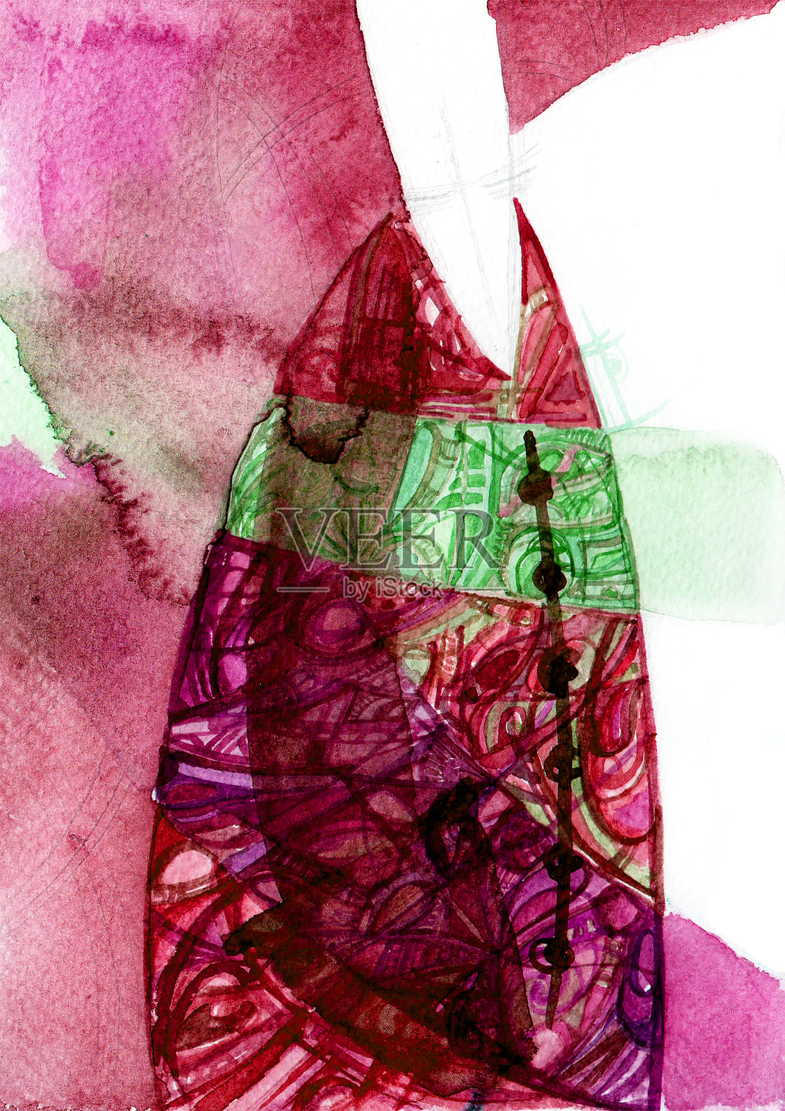 抽象插画。不同的形状填充了细节和水彩模糊效果。插画图片素材