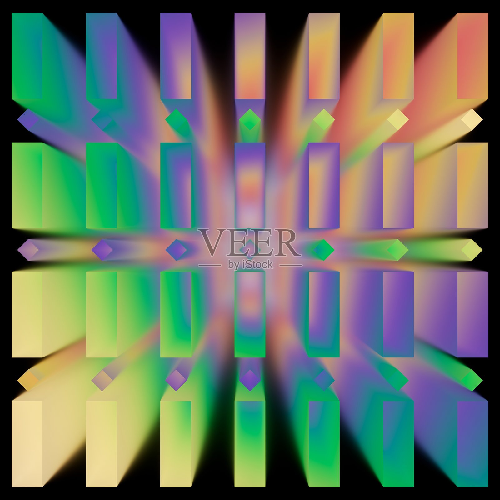 抽象几何背景。柔和霓虹色形状的对称图案。三维数字插画。照片摄影图片