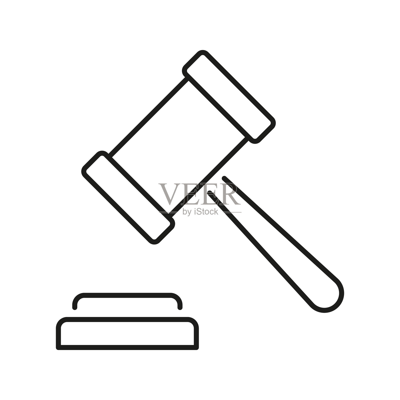 法槌与声响块线条图标。法律裁决、司法和法庭象征。法律与秩序的代表。可编辑描边。独立矢量图插画图片素材