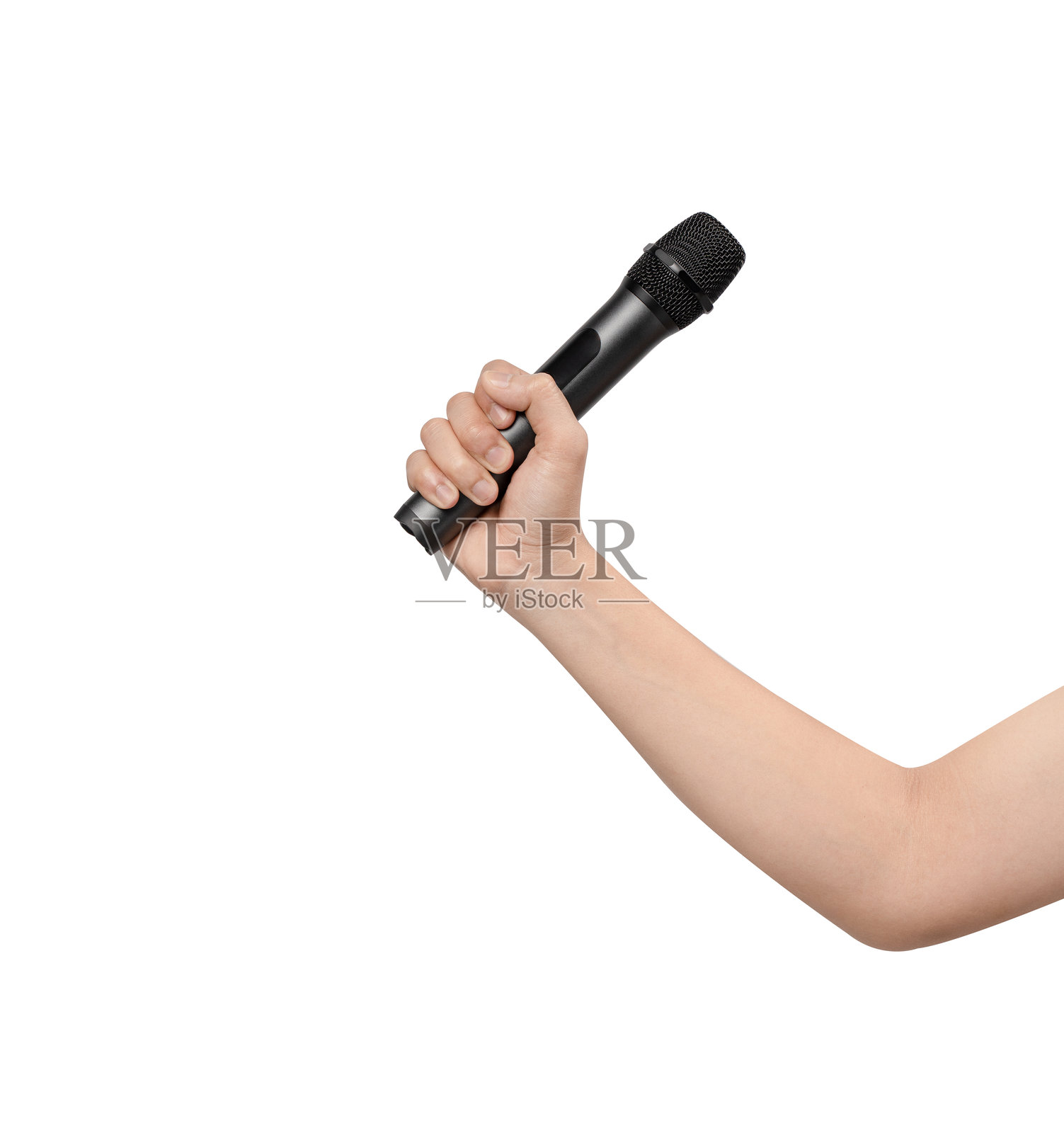 手持黑色无线麦克风，孤立在白色背景上。照片摄影图片