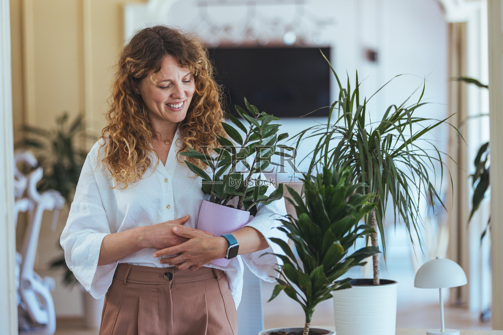 明亮现代办公室里，一位女士正拿着一盆绿植，脸上带着微笑。照片摄影图片