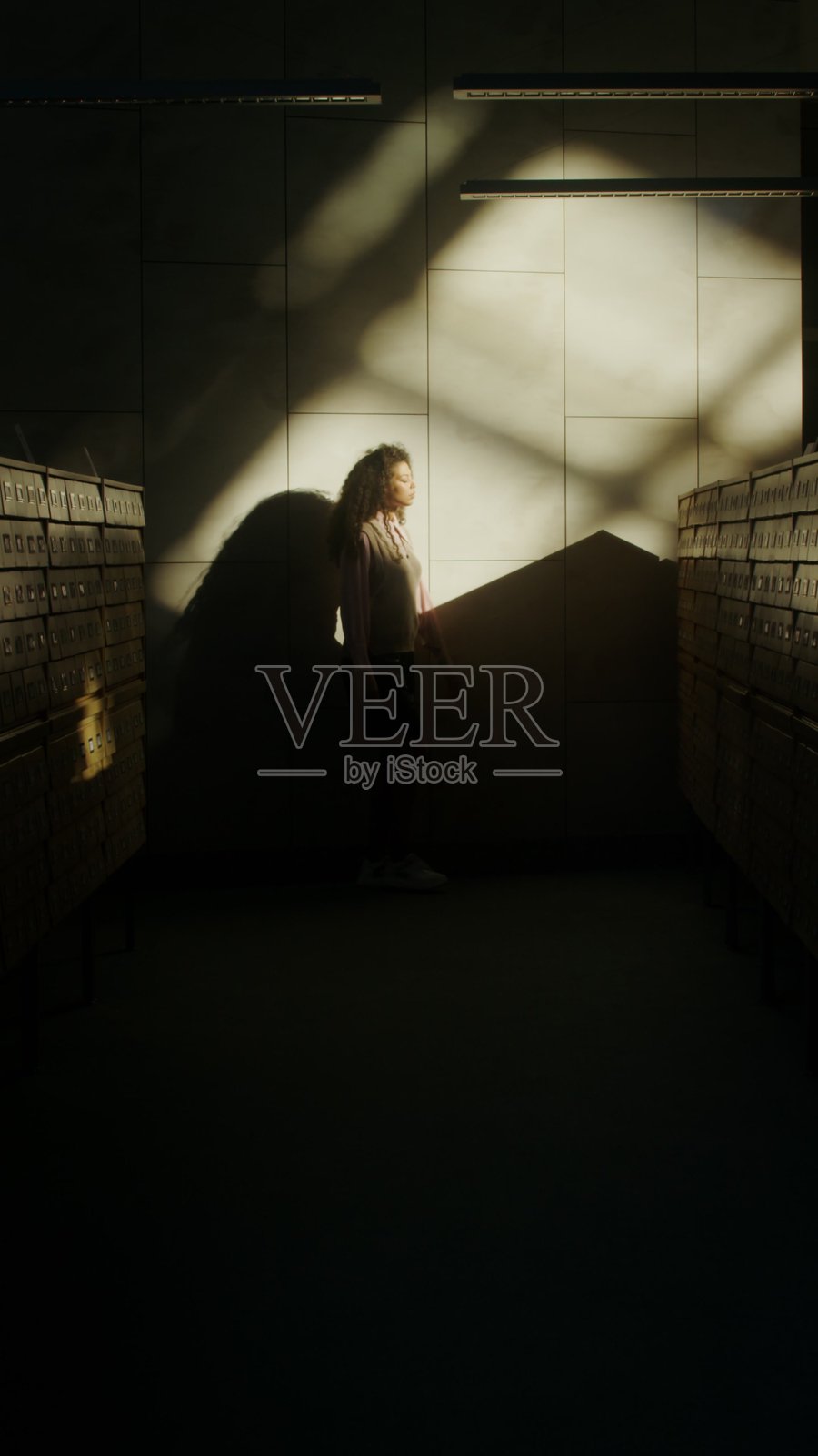 女子在办公室文件柜间的光线中摆姿势照片摄影图片