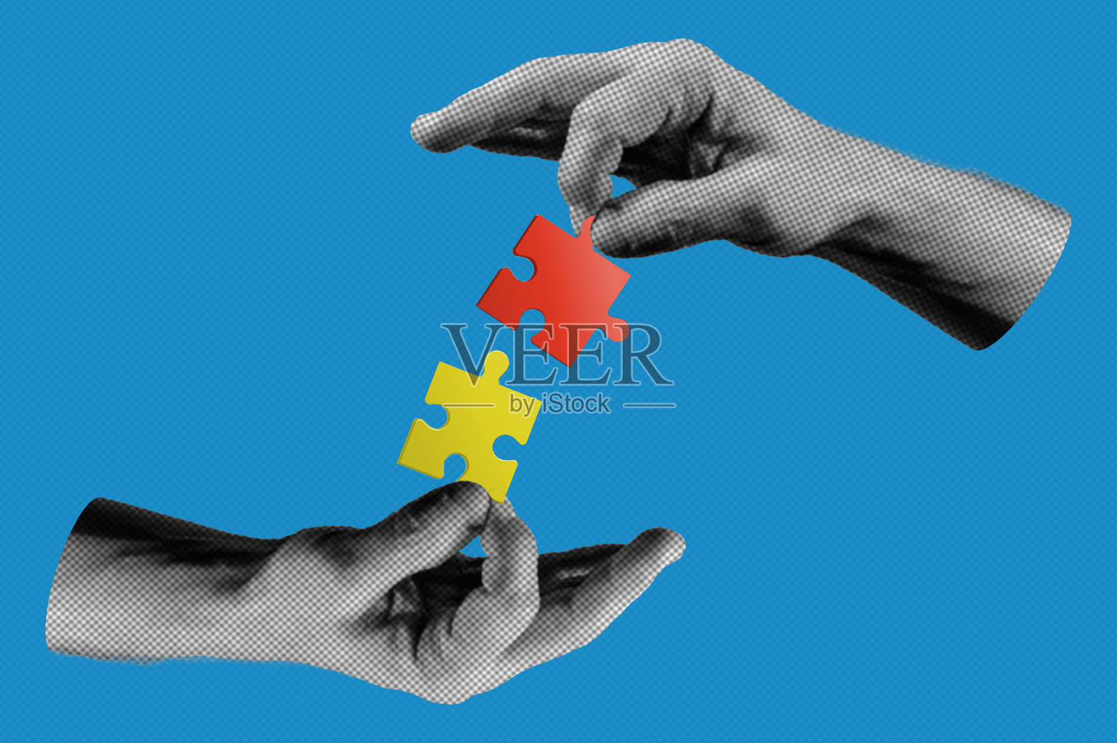 半色调拼贴画，人类双手合作拼凑拼图。商业成功与创意的概念照片摄影图片