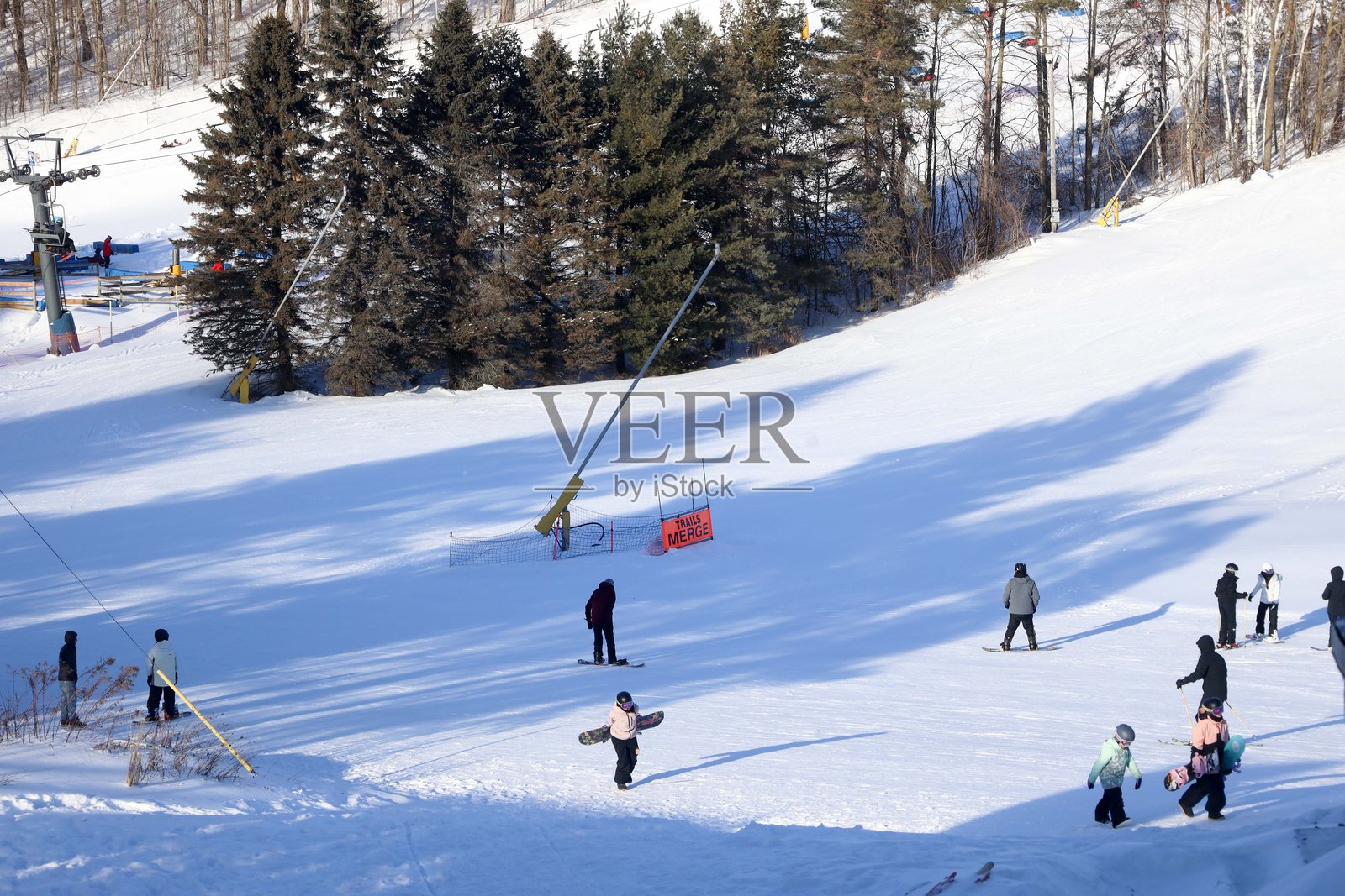 一幅广阔的冬季风景横跨画面,展示了一个生机勃勃的安大略滑雪胜地,坐落于被白雪覆盖的常青树丛中。照片摄影图片
