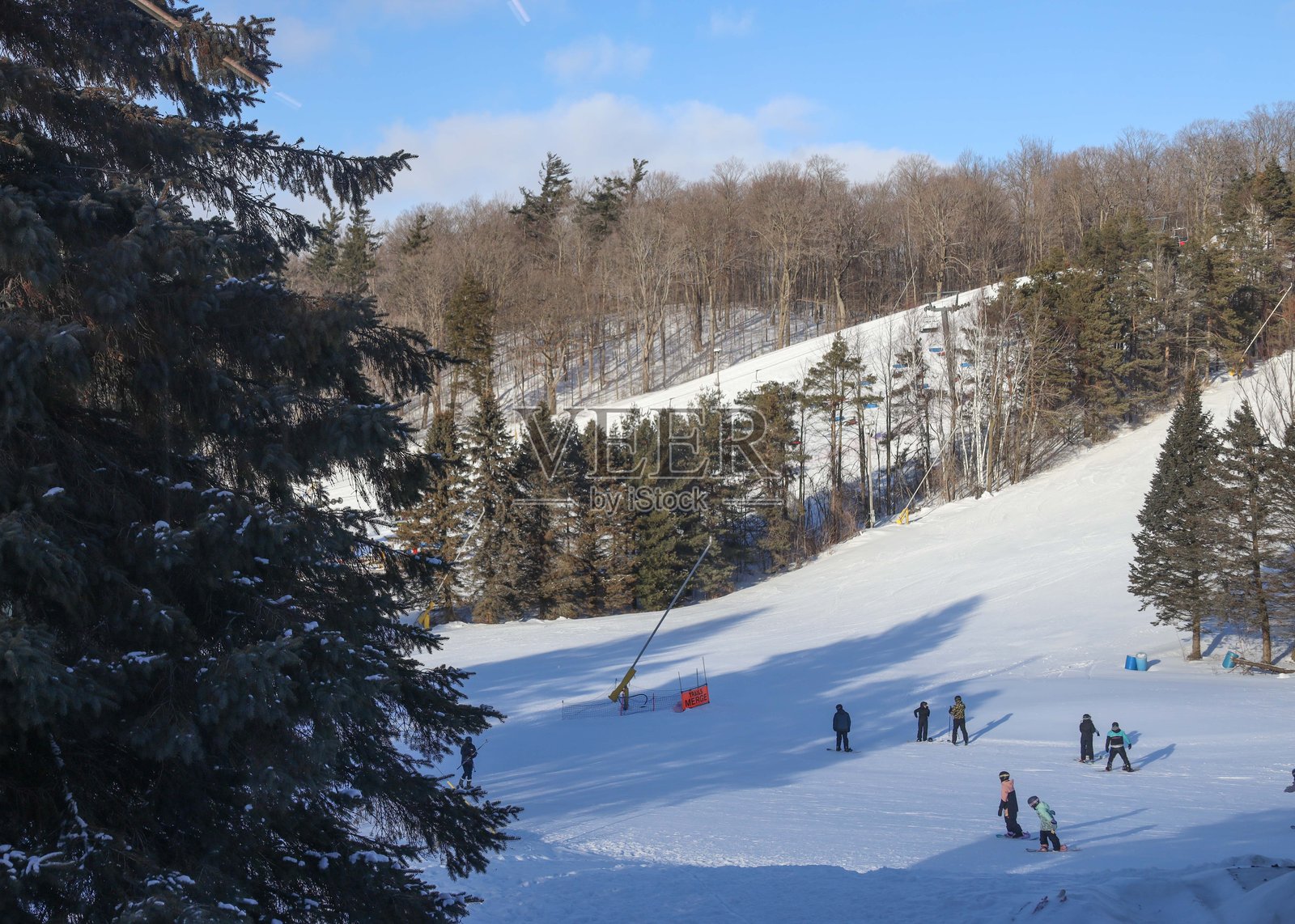 一幅广阔的冬季风景展现在画面中,展示了一个生机勃勃的安大略滑雪胜地,坐落于被白雪覆盖的常青树丛中。照片摄影图片