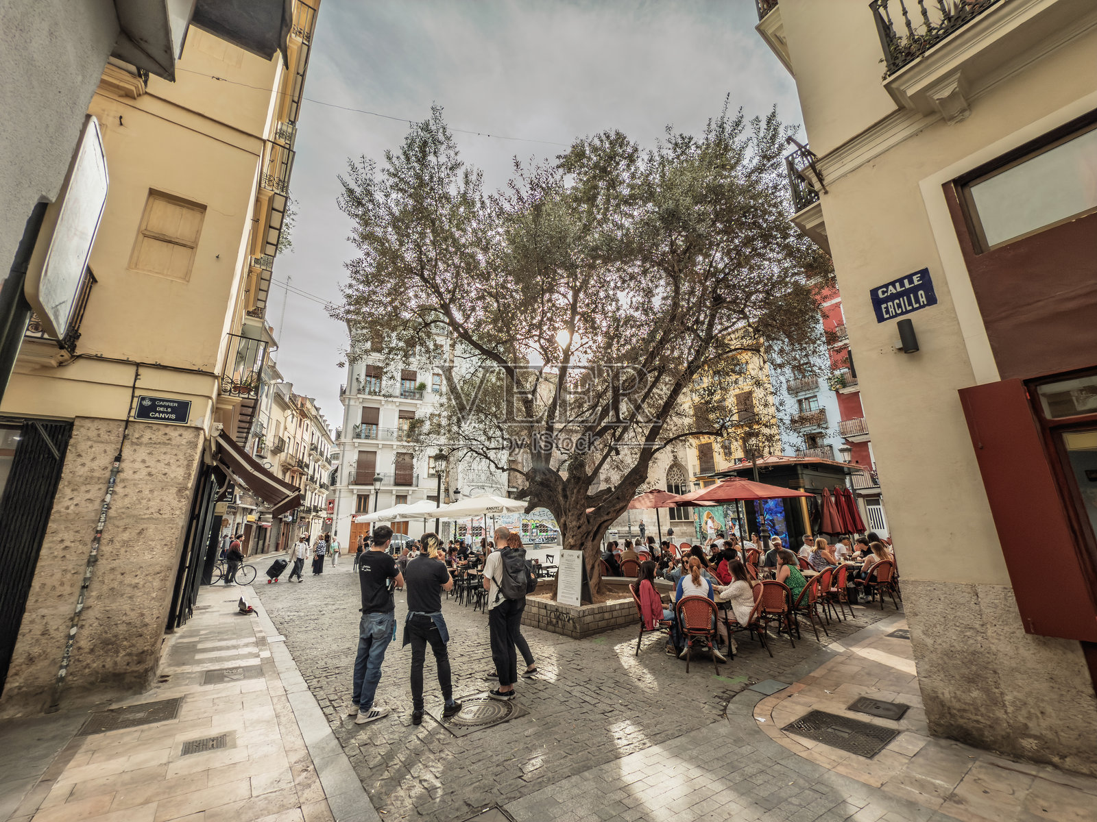 瓦伦西亚历史悠久的老城区Ciutat Vella广场上，人们正在享受餐厅露台的惬意时光。用餐者们坐在一棵大橄榄树旁，周围是鹅卵石铺就的广场。照片摄影图片