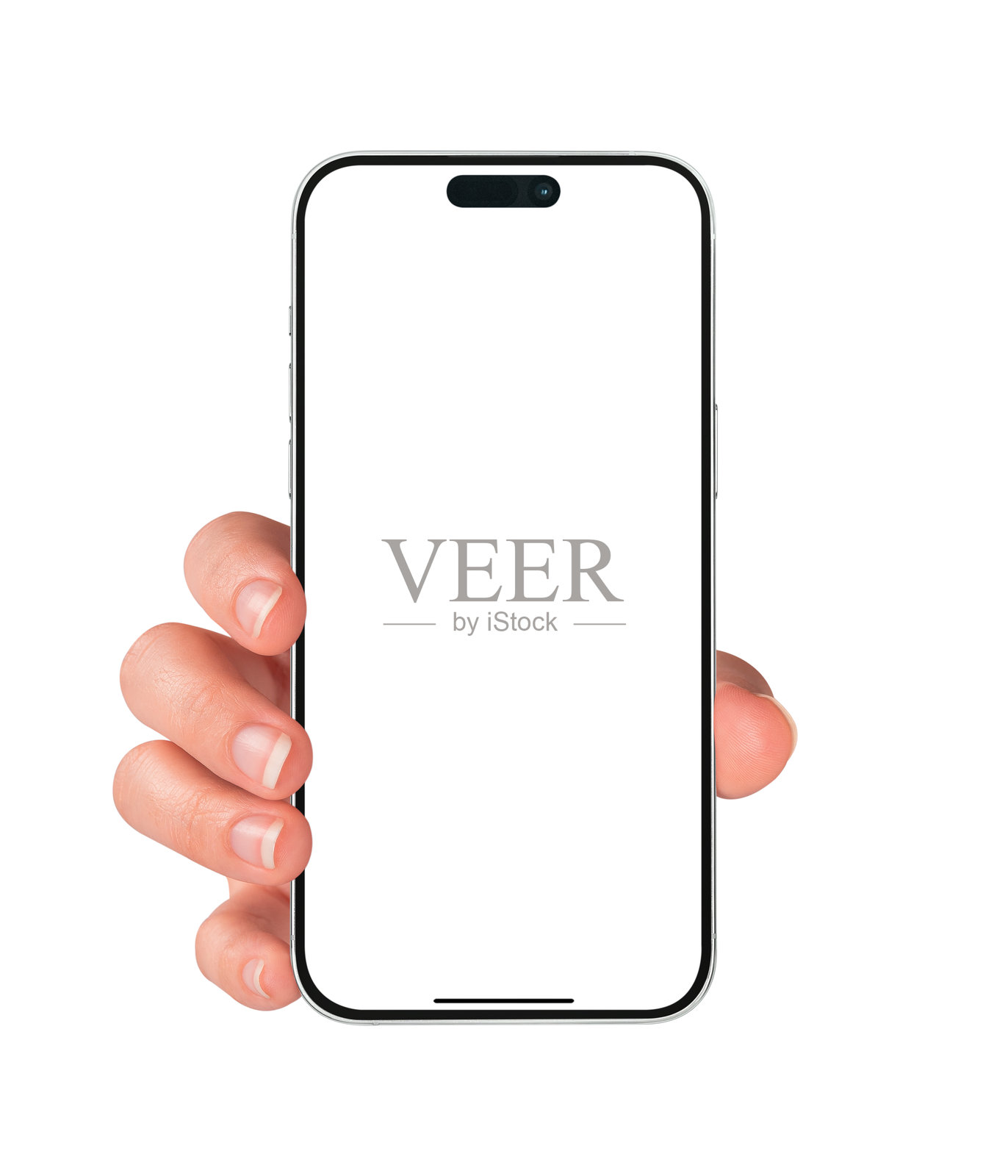 特写一只手展示带有空白屏幕的智能手机，孤立在白色背景上。高分辨率、高质量的影棚拍摄。概念适用于科技、商业、金融、广告、电子商务、在线购物和生活方式主题。照片摄影图片