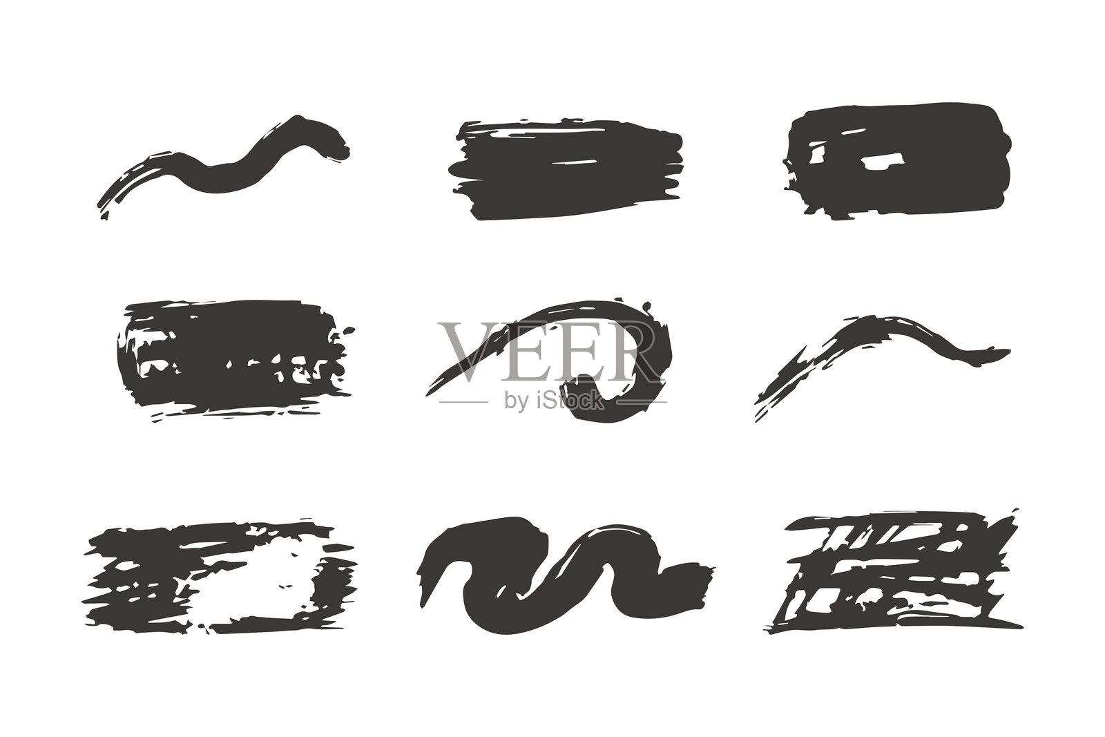 一组黑色墨水笔触或干刷痕迹。一套用于平面设计项目的艺术纹理背景。手绘元素。插画图片素材