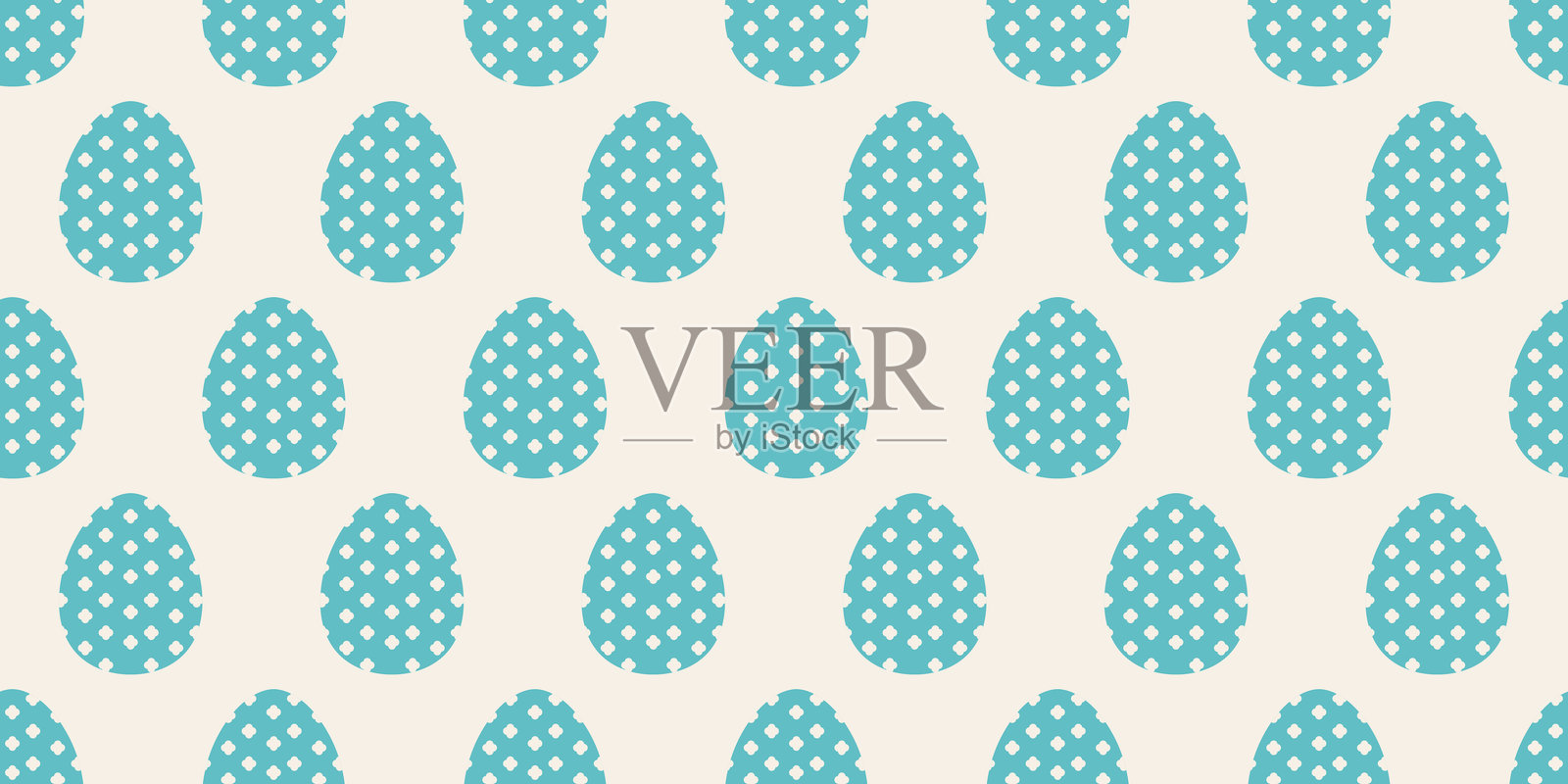 无缝复活节图案，暖奶油色背景上点缀着布满微小白点的绿松石色鸡蛋。春季节日重复图案，适用于包装纸、纺织品和贺卡。柔和复古氛围，有婴儿房的感觉。插画图片素材