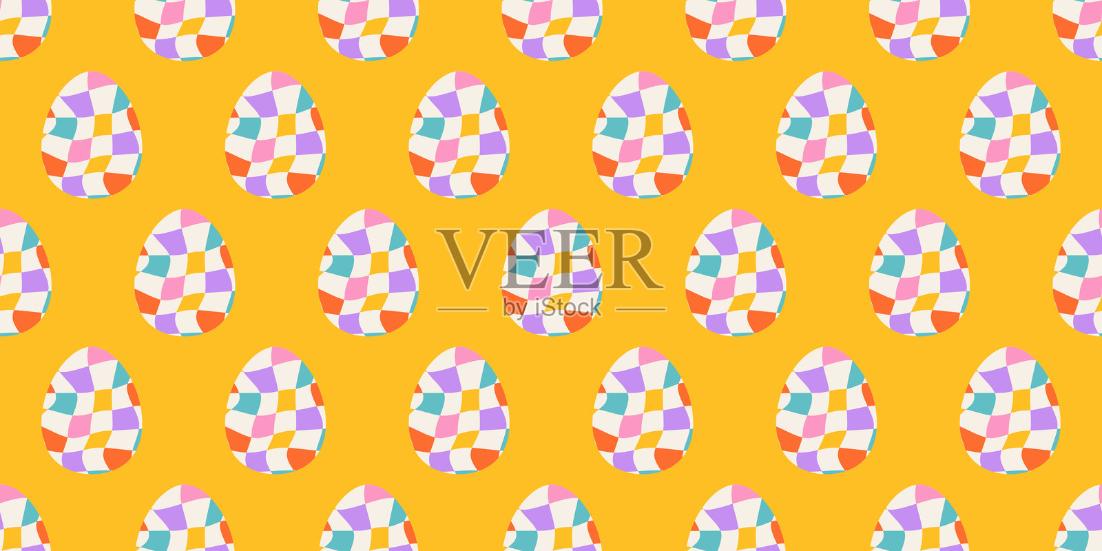 明亮的黄色背景上，带有拼布格纹彩蛋的无缝复活节图案。复古迷幻的春季氛围，适用于包装纸、纺织品、文具和节日背景。非常适合制作贺卡装饰。插画图片素材