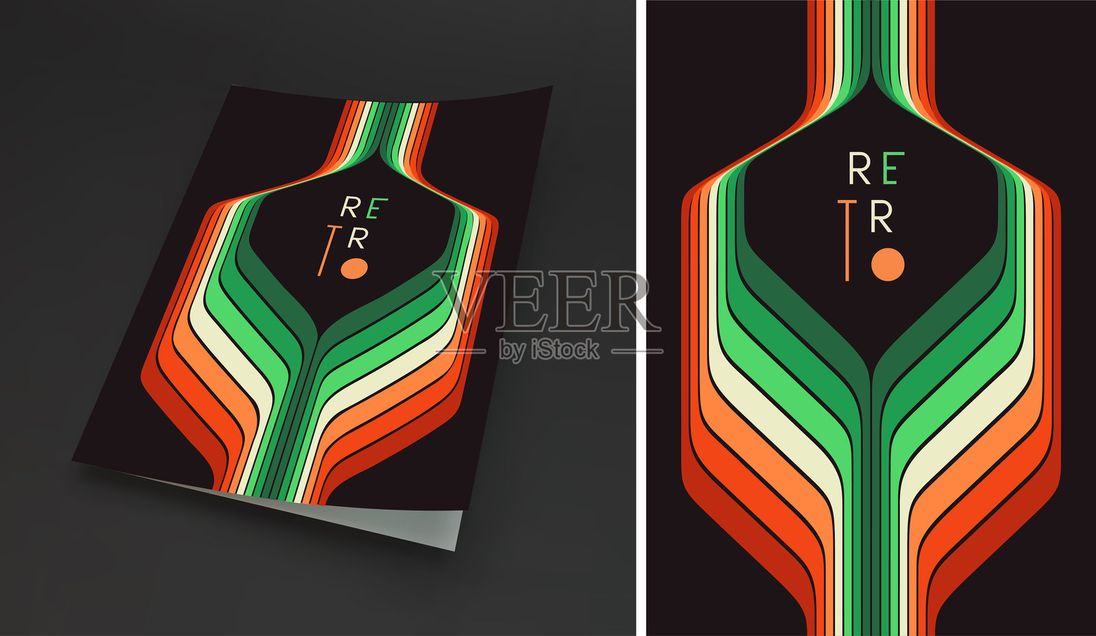 软封面书本版式设计。彩色线条的曲线在中心形成一个框架。留有文字空间。复古的1970年代或1980年代风格。动感的丝带。封面设计模板。矢量插画。插画图片素材