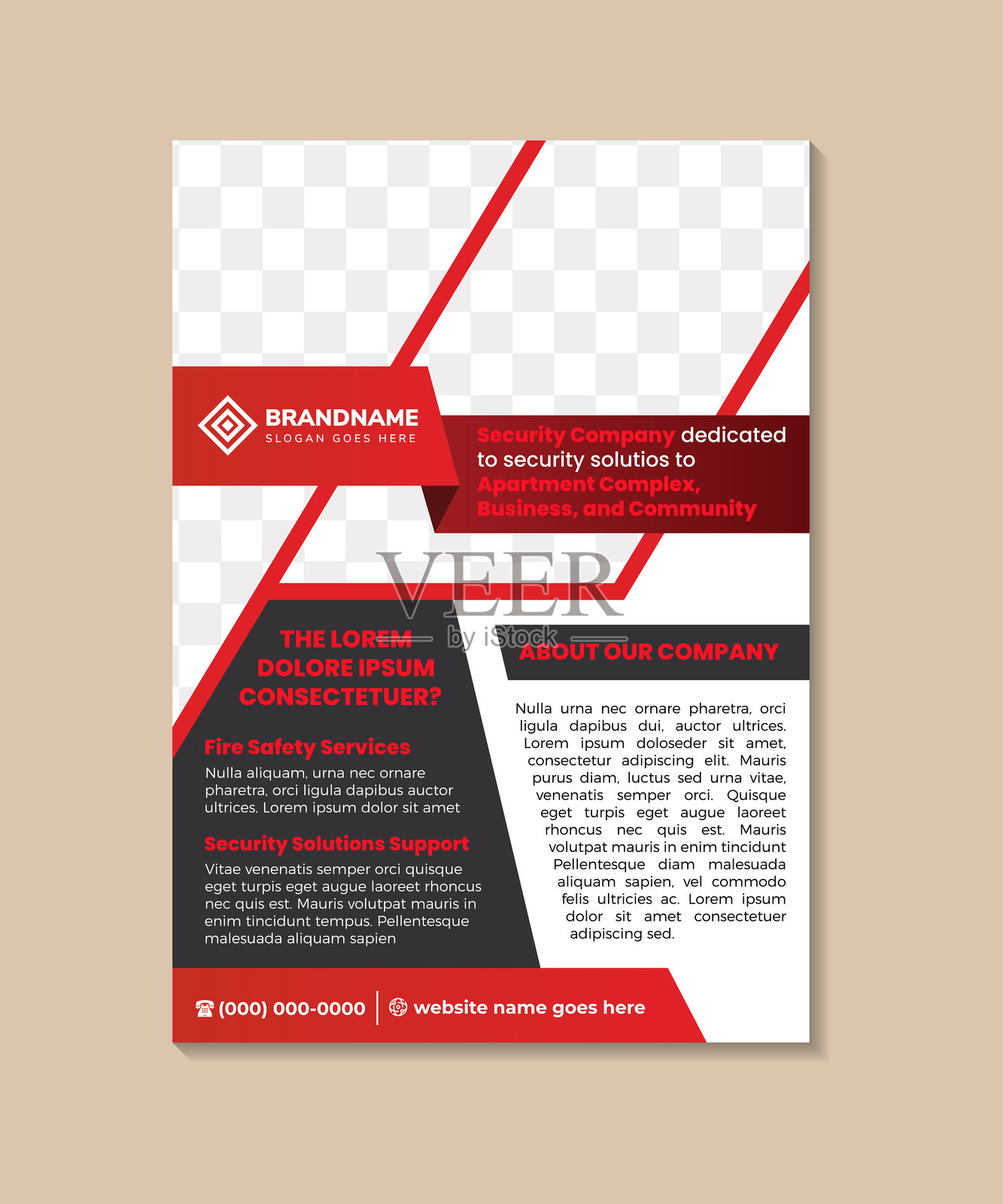 抽象设计的传单横幅模板，标题为“致力于为公寓、综合体、企业和社区提供安全解决方案的安全公司”。垂直布局，在白色背景上留有照片拼贴的空间。插画图片素材