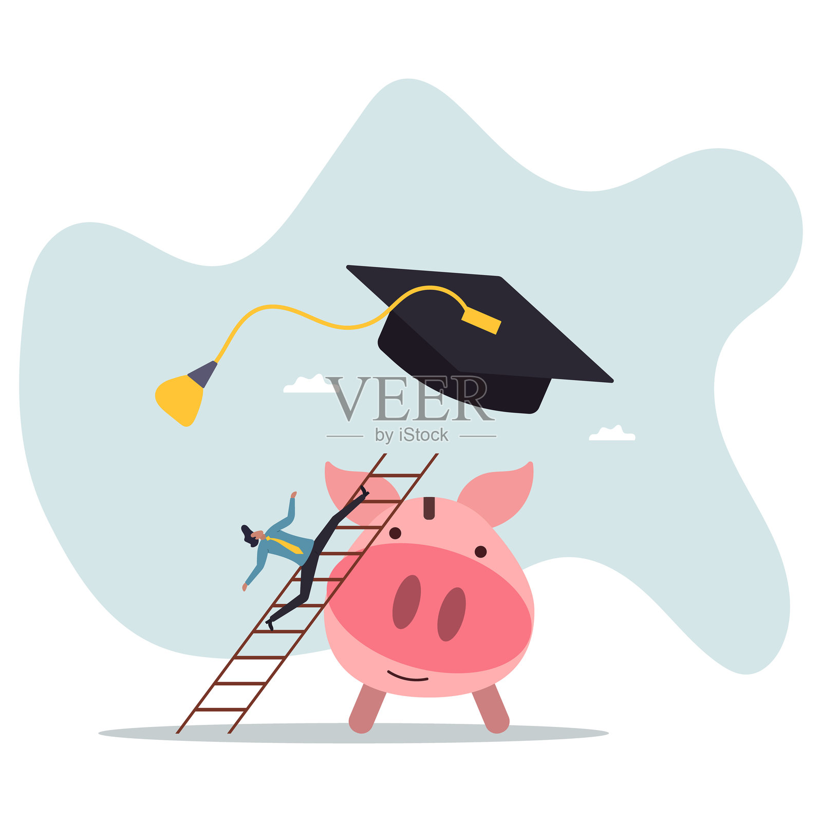 教育基金、书籍的成本和费用、课程学习、为获得学位和毕业而储蓄，关于一个男人和他的生活。插画图片素材