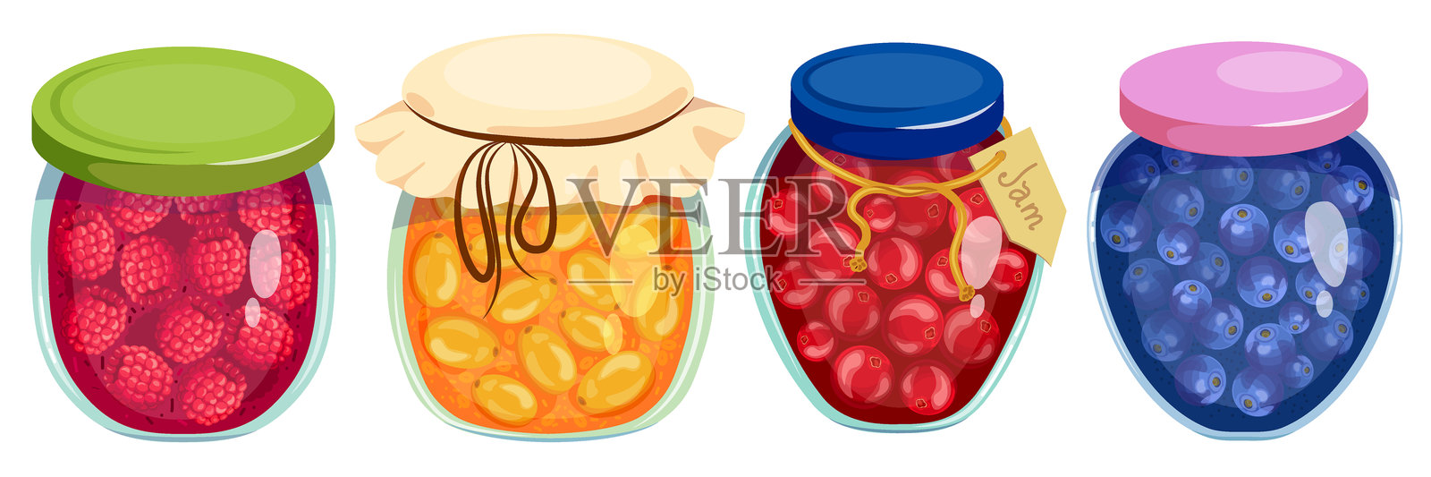 一套卡通风格的甜浆果酱。罐子配盖子、标签、果酱的矢量图：覆盆子、沙棘、蔓越莓、蓝莓，孤立在白色背景上。冬季保存。插画图片素材