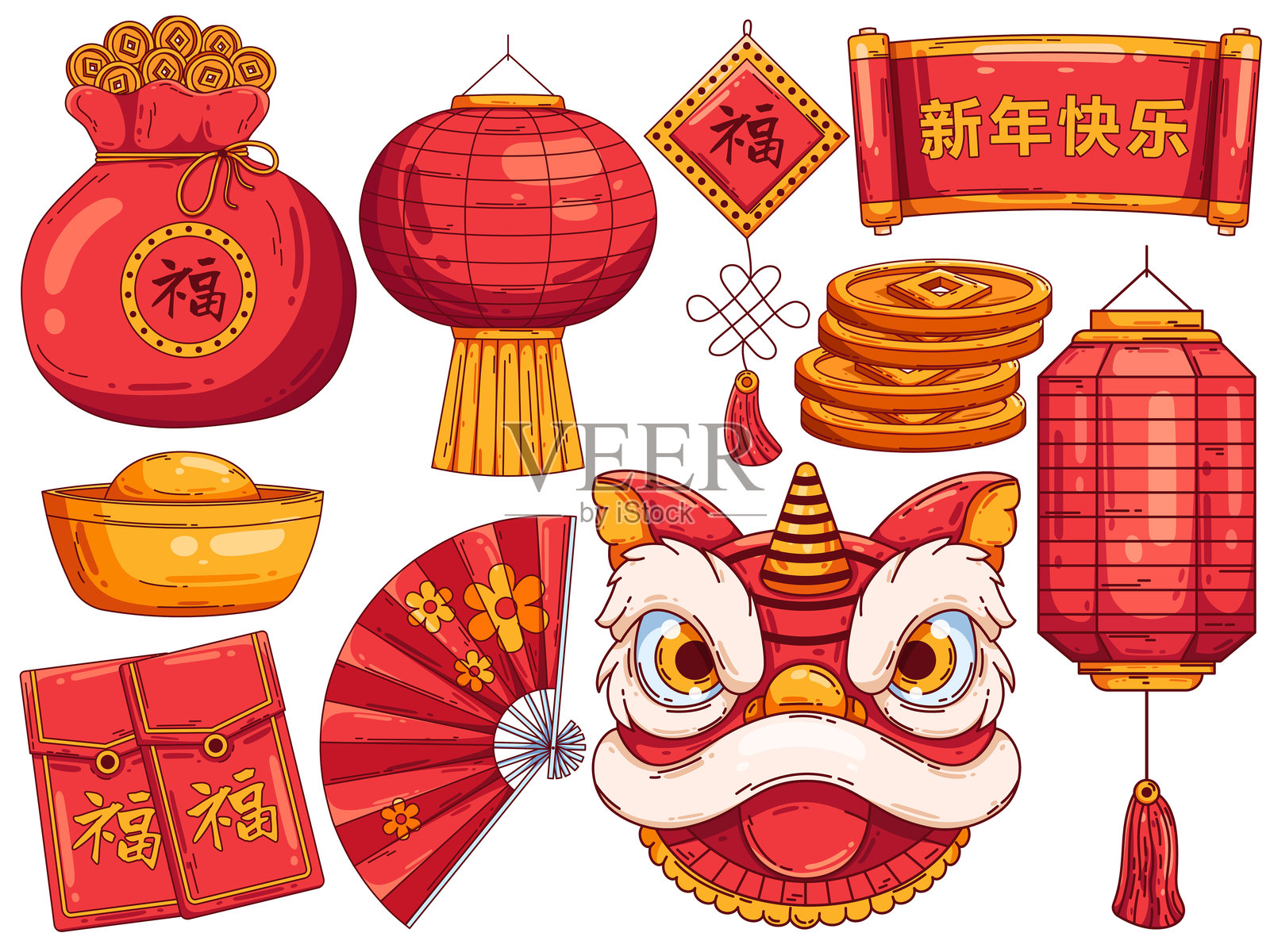 中国新年元素集合，包括灯笼、红包、金币堆、金币袋、元宝、装饰扇、卷轴横幅和舞狮面具插画图片素材