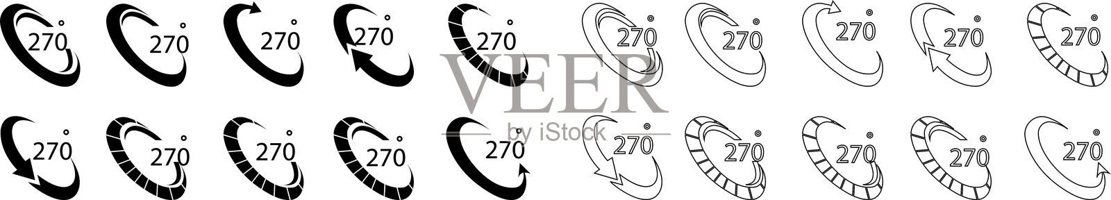 270度图标集 旋转角度图标 扁平化矢量图，数学几何角度弧度的270度旋转箭头符号，孤立在透明背景上，用于移动应用、网页或UI插画图片素材
