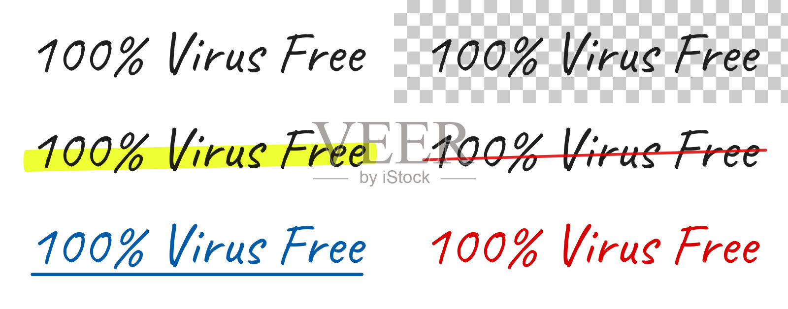 100% 无病毒 - 手写文字，突出显示，划掉，在空白背景上加下划线插画图片素材