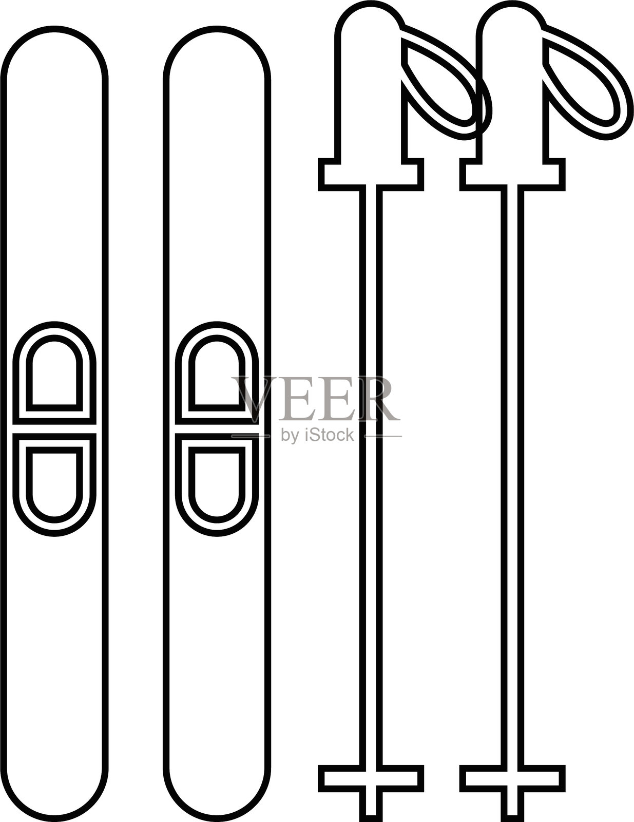 滑雪杖冬季运动图标，滑雪装备广告配饰元素矢量图，运动器材。用于雪地行走的杆子。滑雪胜地。冬季运动会工具。度假。假日休息。插画图片素材