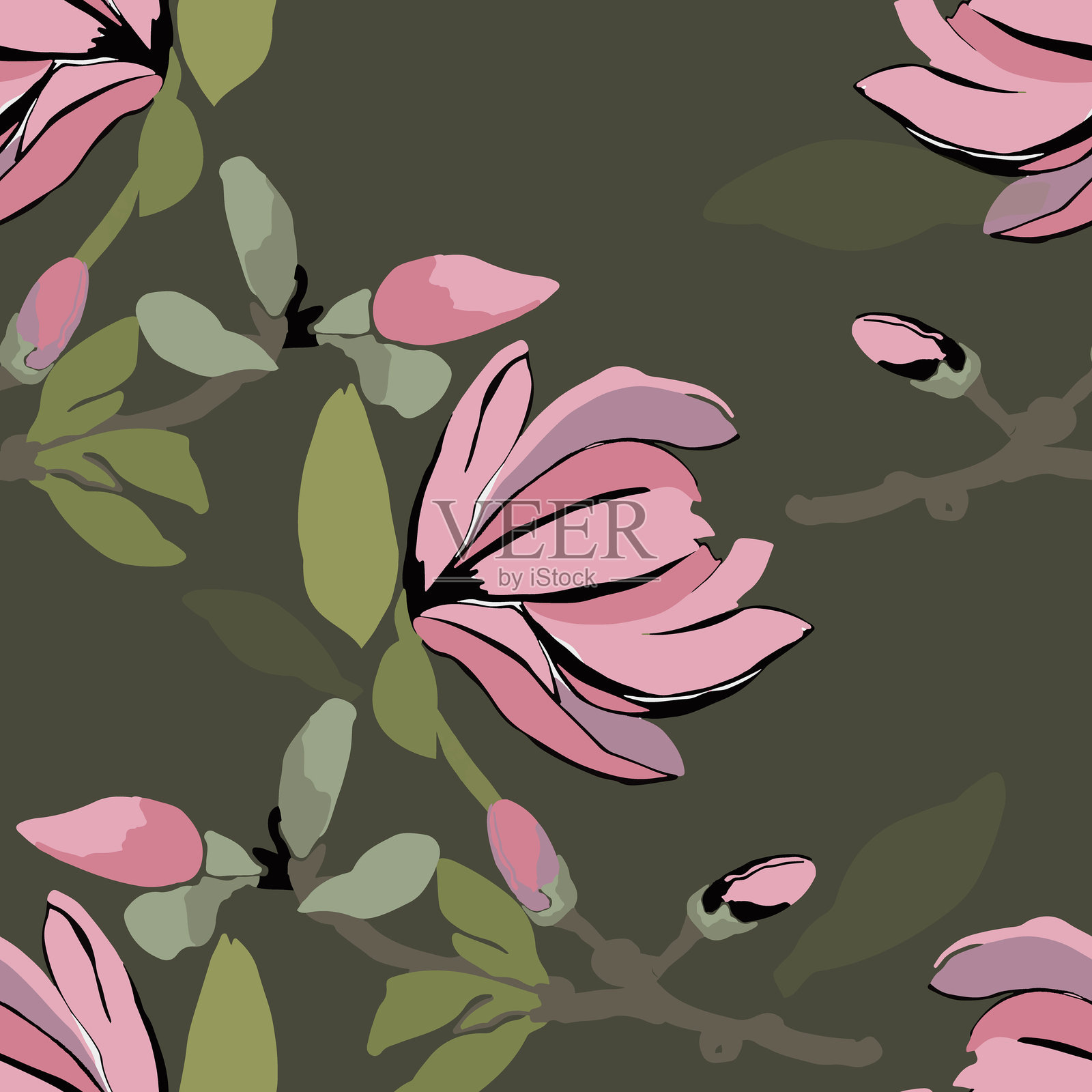 玉兰花无缝图案插画图片素材