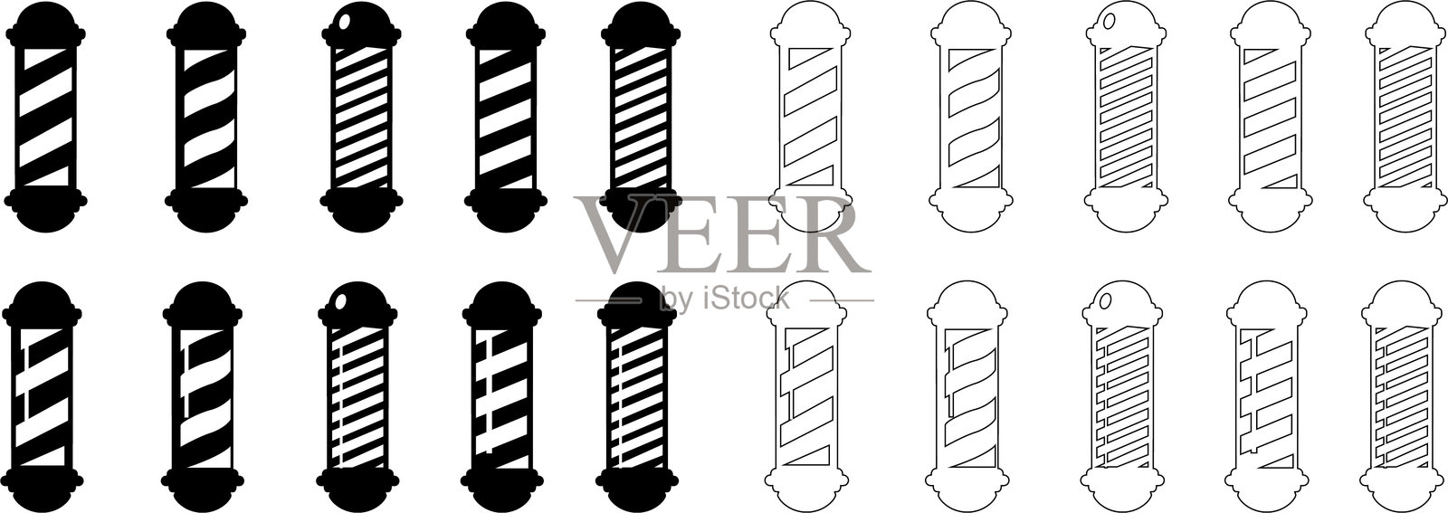 理发店标志图标集。条纹杆符号模板设计，新常态概念复古风格理发杆剪贴画图标矢量图，孤立在透明背景上，用于移动应用程序插画图片素材