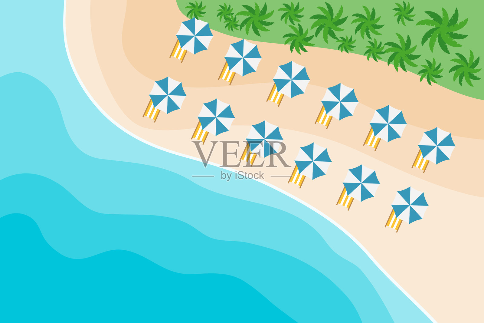 海边，带有日光躺椅的海洋沙滩。海滨度假概念。矢量卡通插画、海报、明信片。矢量图像。插画图片素材