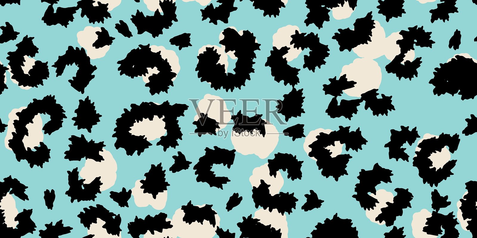 大胆的无缝豹纹图案，背景为绿松石色，点缀着黑色和奶油色斑点。非常适合现代时尚、数码纸、童装、潮流纺织品和醒目设计。插画图片素材