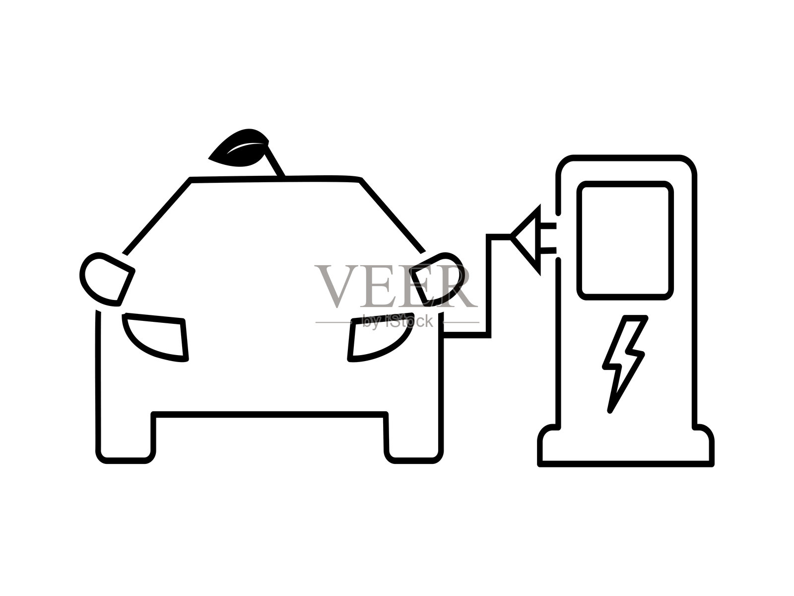 电动汽车充电站线条艺术 - 环保汽车矢量图轮廓图标插画图片素材