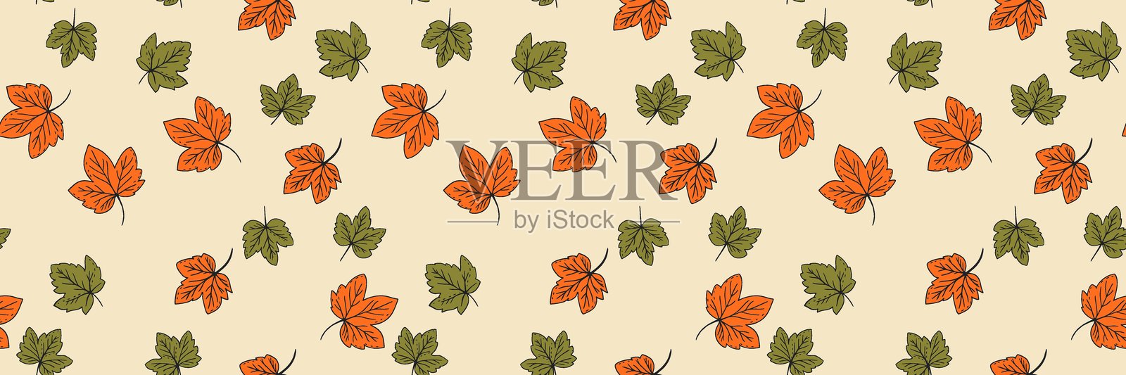 米色背景上橙色和橄榄绿色的手绘秋季枫叶无缝矢量图案。舒适的自然设计，适用于纺织品、壁纸、印刷品插画图片素材