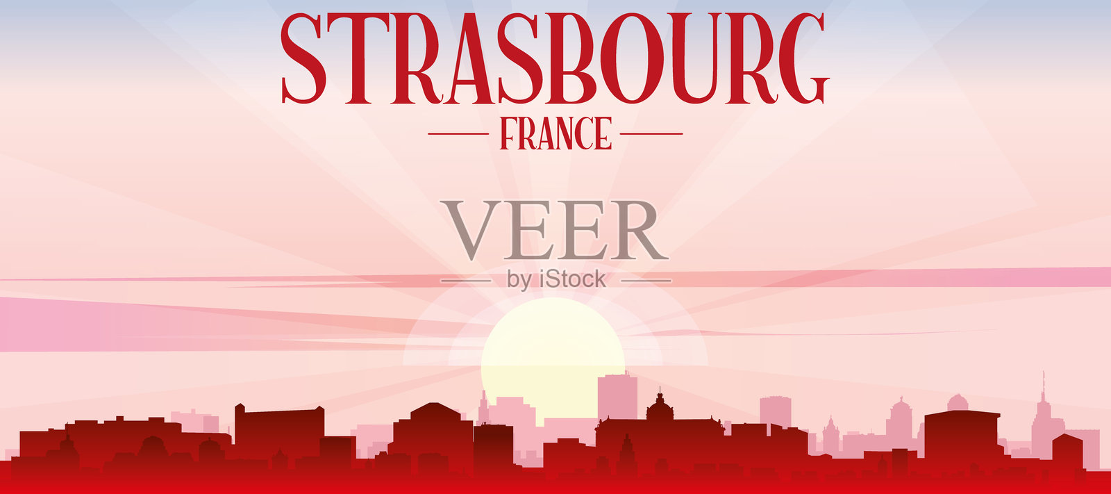 法国斯特拉斯堡城市天际线全景海报插画图片素材