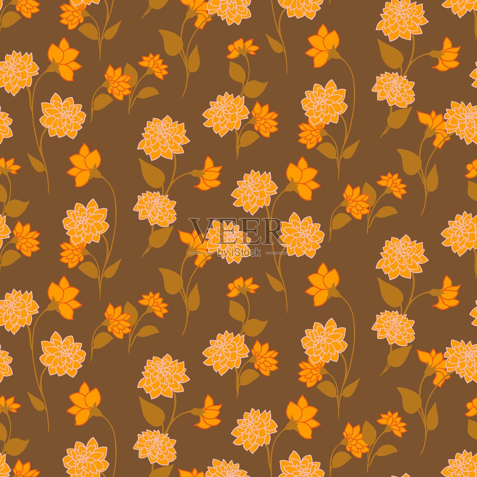 带有风格化橙色野花和叶子的无缝矢量花卉图案，背景为温暖的棕色。复古秋季设计，非常适合纺织品、壁纸和包装纸。插画图片素材