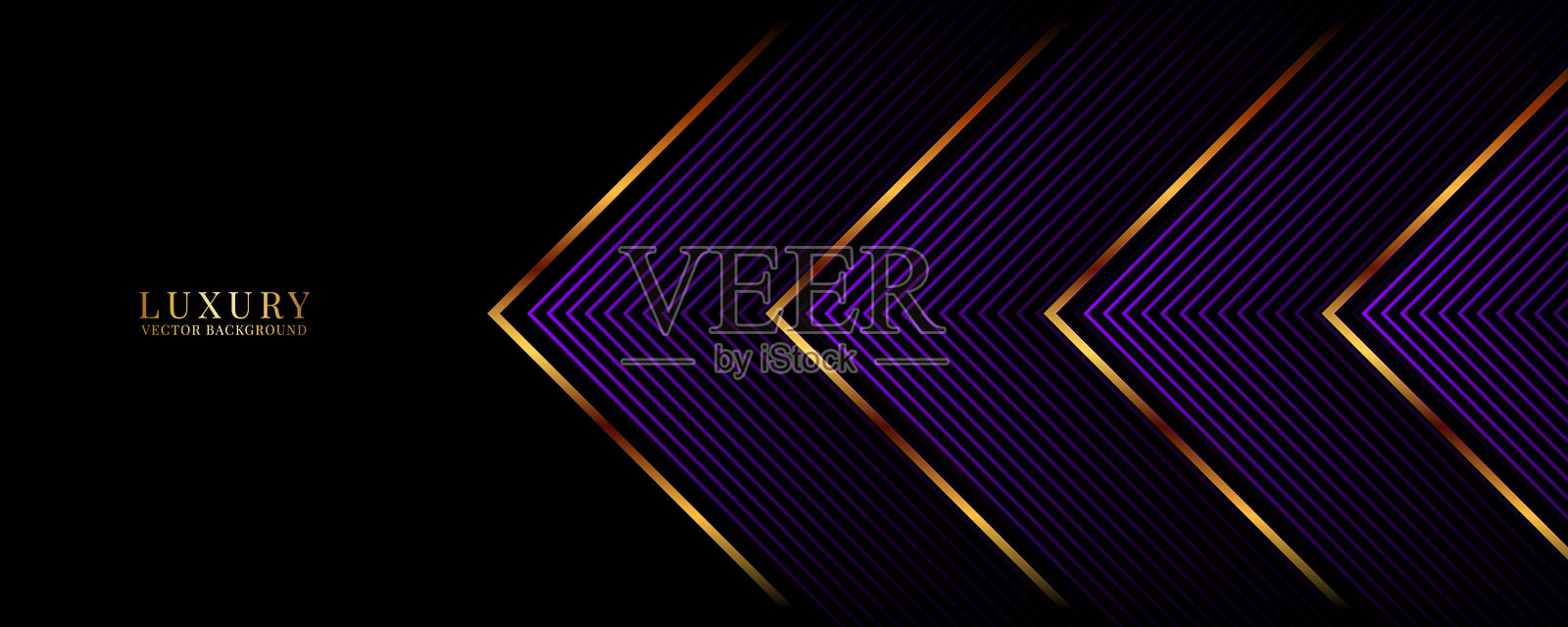 深邃空间中的3D紫黑色奢华抽象背景，装饰有金色箭头形状。现代图形设计元素线条风格，适用于网页横幅、艺术、传单、卡片或手册封面。插画图片素材