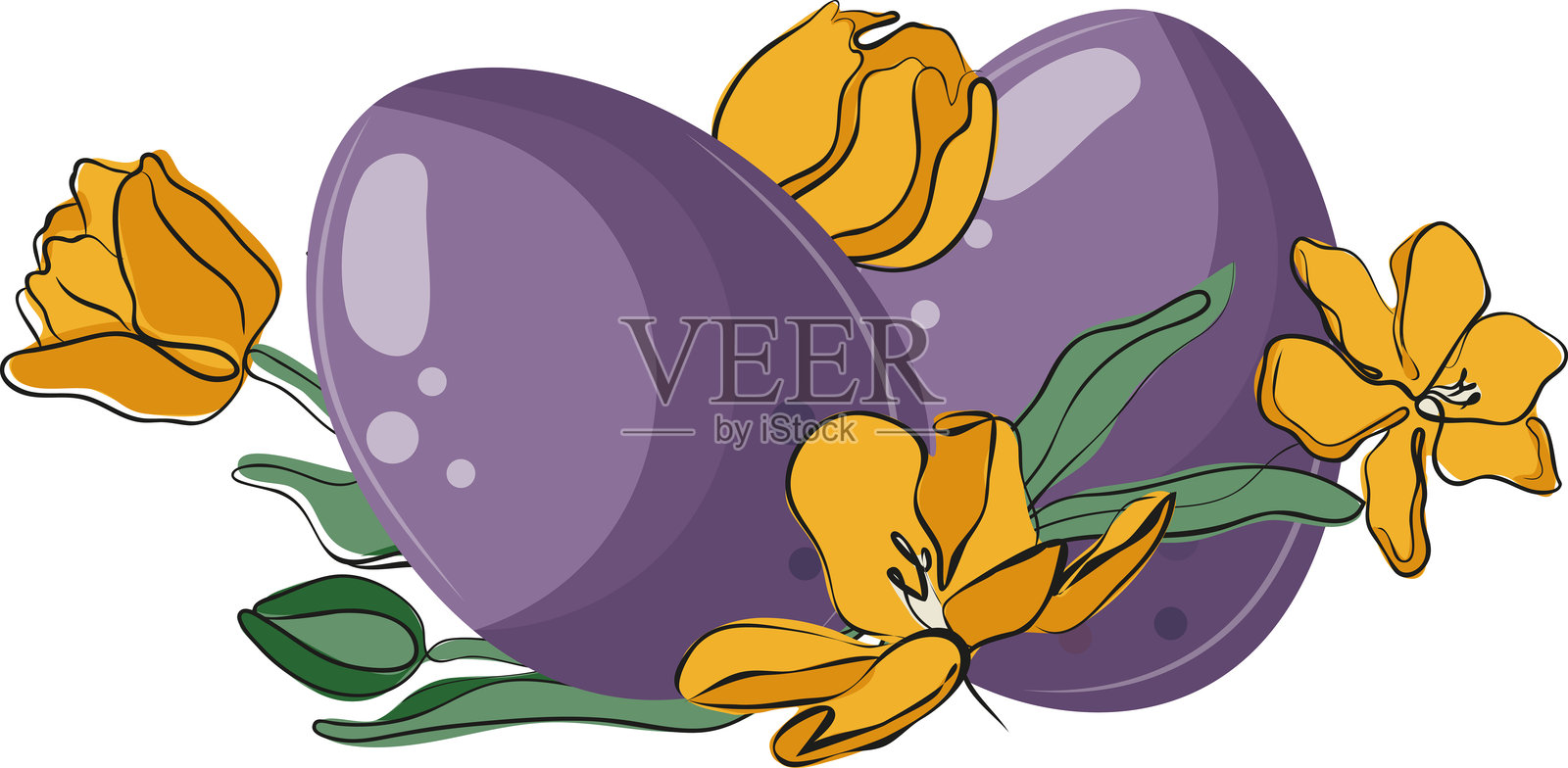 紫色的鸡蛋和黄色的郁金香图标插画图片素材
